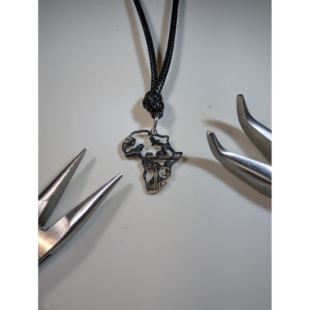 Africa Map Wildlife Pendant Necklace Adjustable Black Cord Silver Tone Safari